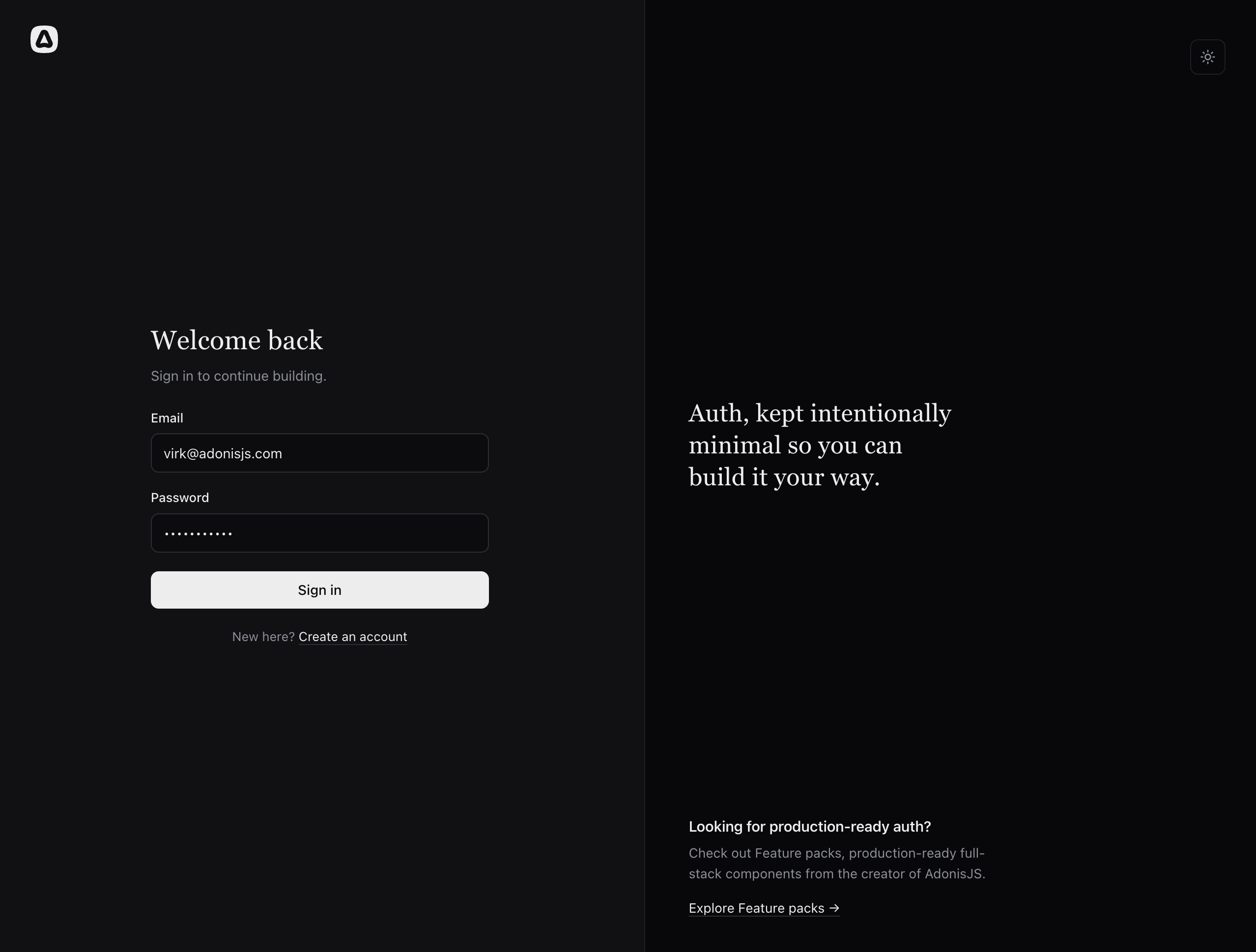 Login page, dark theme