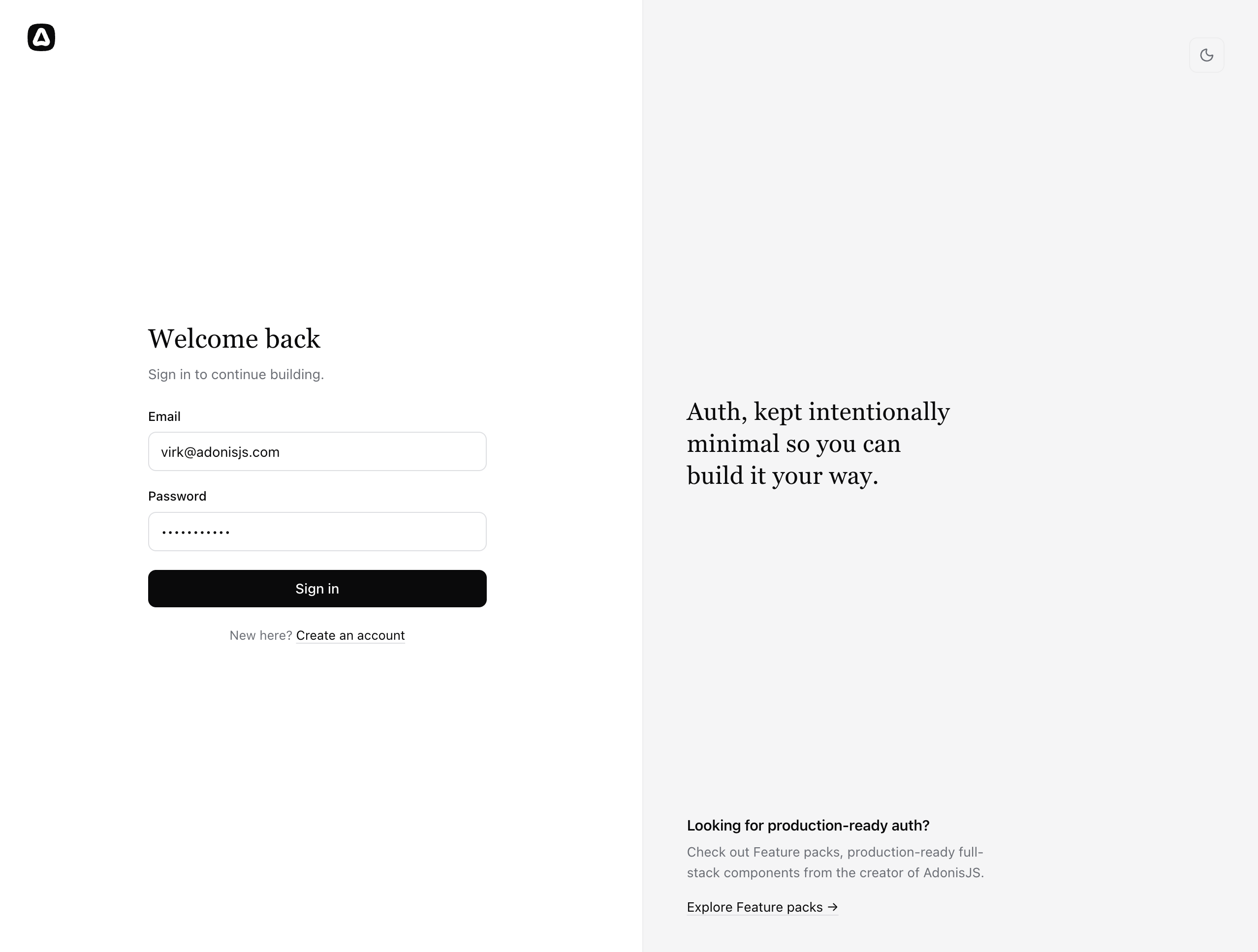 Login page, light theme