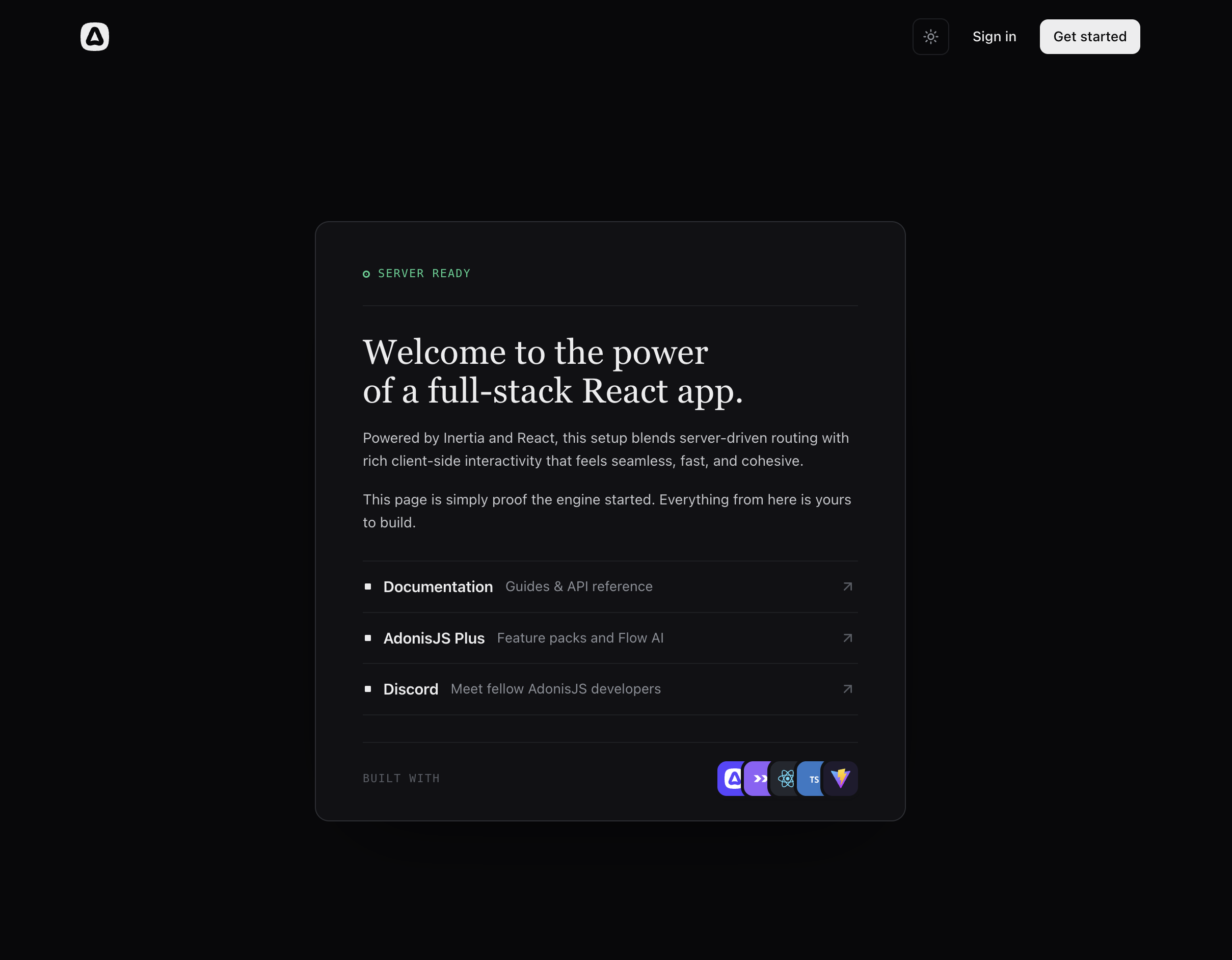 Landing page, dark theme